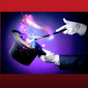 White gloved hands holding a black top hat and a magic wand with magic swirling.