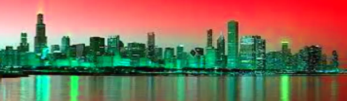 Chicago, IL city skyline with distorted red and green undertones.