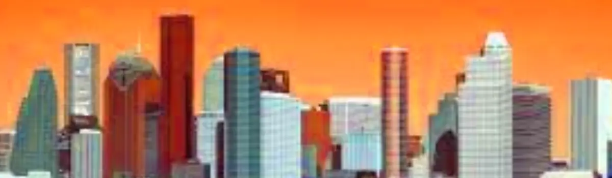 Distorted blurred Houston Texas skyline with an orange background.