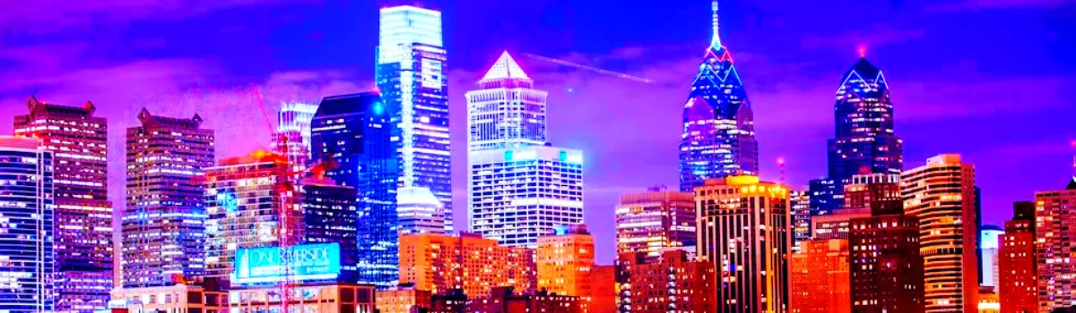 Distorted Philly skyline with blue and purple in the background.