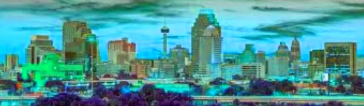 Distorted view of San Antonio, Texas with a blue hue