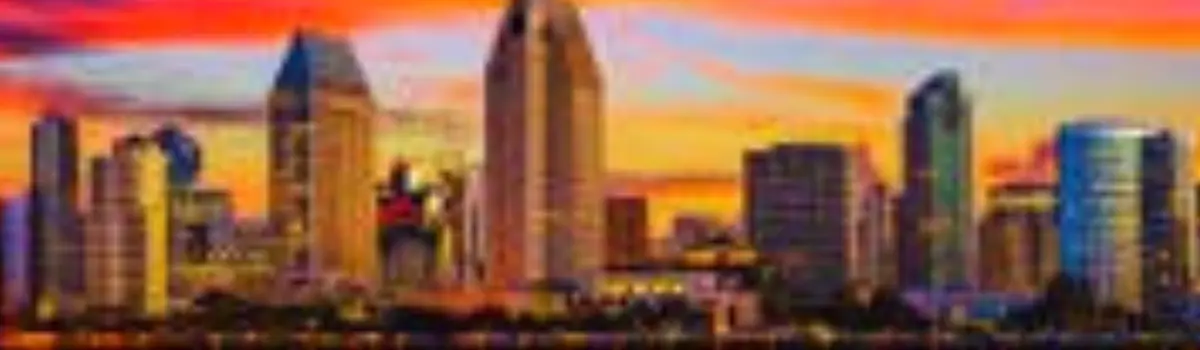 Distorted view of the San Diego, California skyline with orange and red hues.