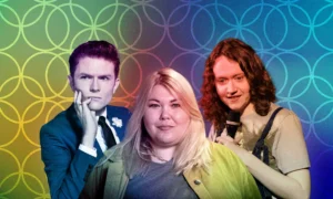 Three LGBTQ+ comedians for hire in front of a circle background. One comedian is in a blue suit on the left, a blonde comedian with a green cardigan is in the middle and a dark haired comedian in a t-shirt is on the right.
