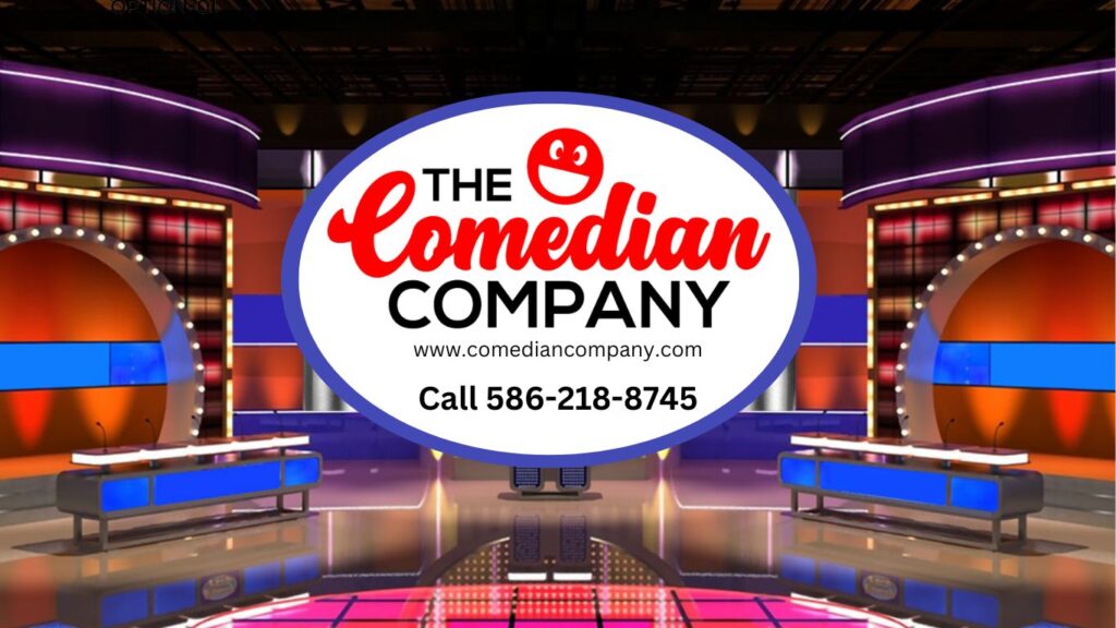 Logo for Friendly Feud hosted by the comedian company that looks like a game show.