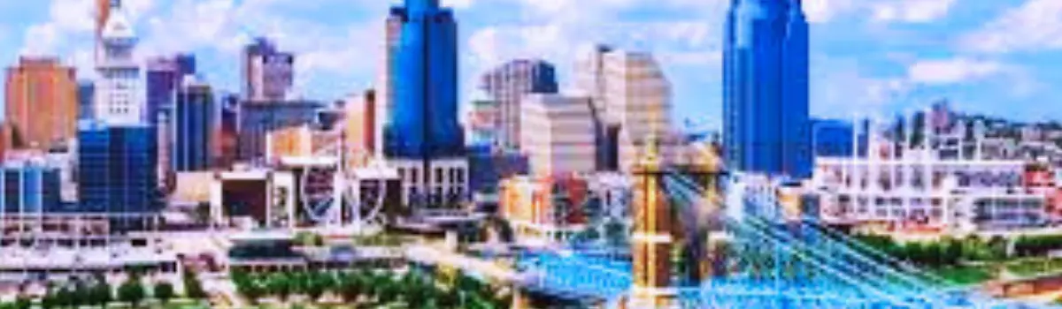 Distorted image of Cincinnati skyline.