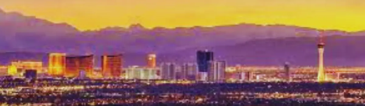 Distorted skyline of Las Vegas seen from a far at dusk.