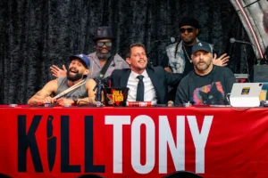 Image of the hosts of Kill Tony, comedy podcast, Tony Hinchcliffe and Brian Redban performing their show.